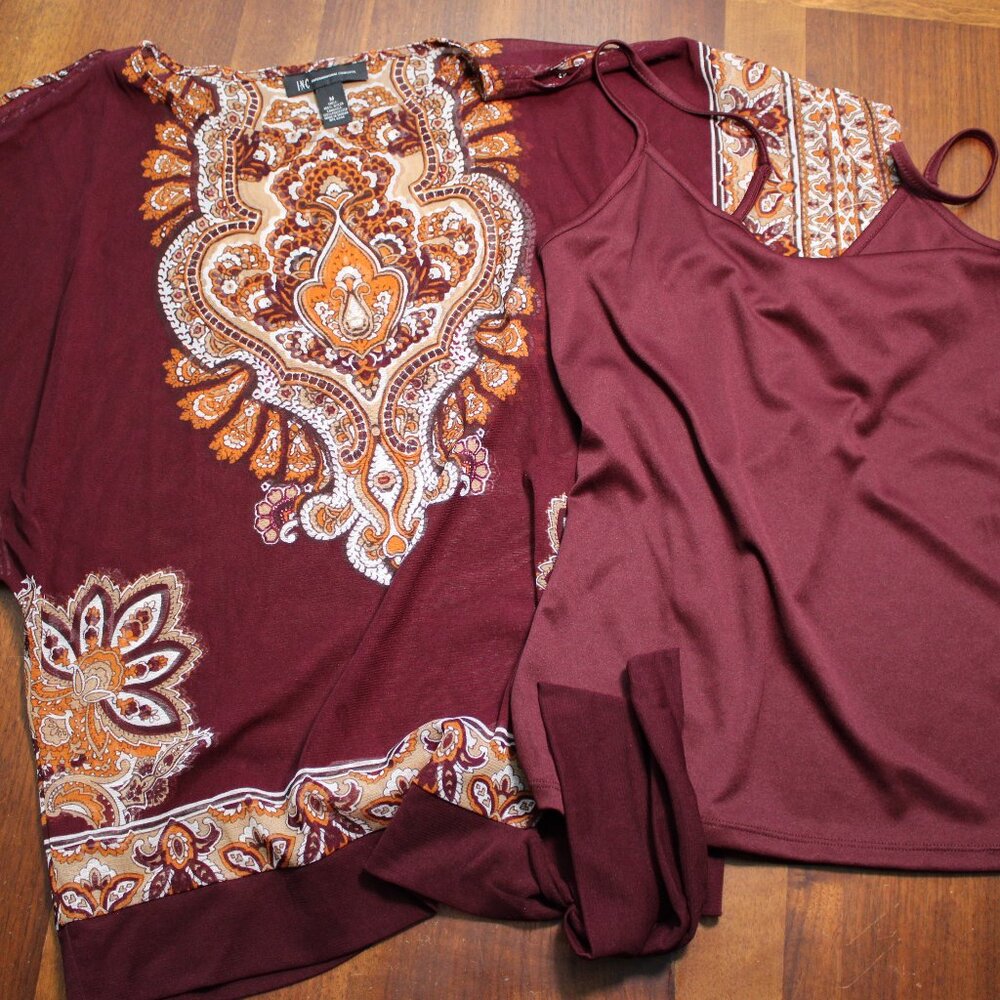 INC Red/Purple Paisley Short Sleeve Sheer Top with Cami (2 piece) Size Med NWT